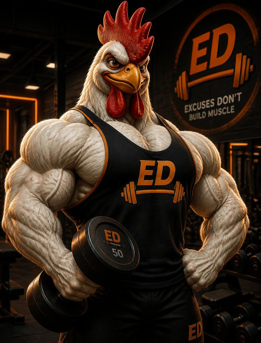 ED, o frango de academia, mascote do aplicativo